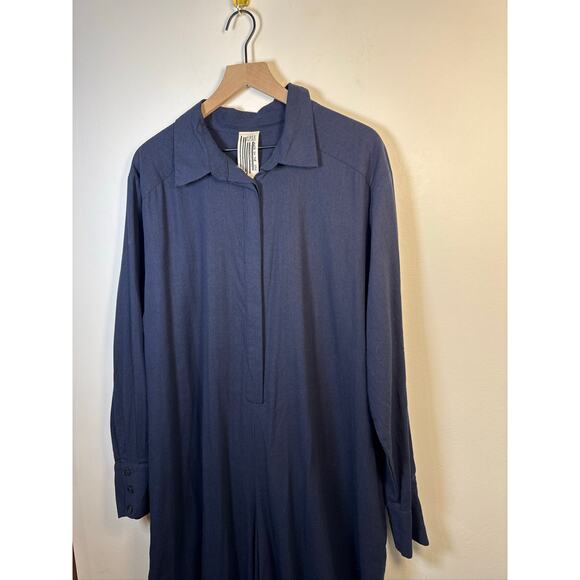 Free People Linen-Blend Super Wide Leg Long Sleeve Jumpsuit - Navy Blue L - Picture 4 of 8